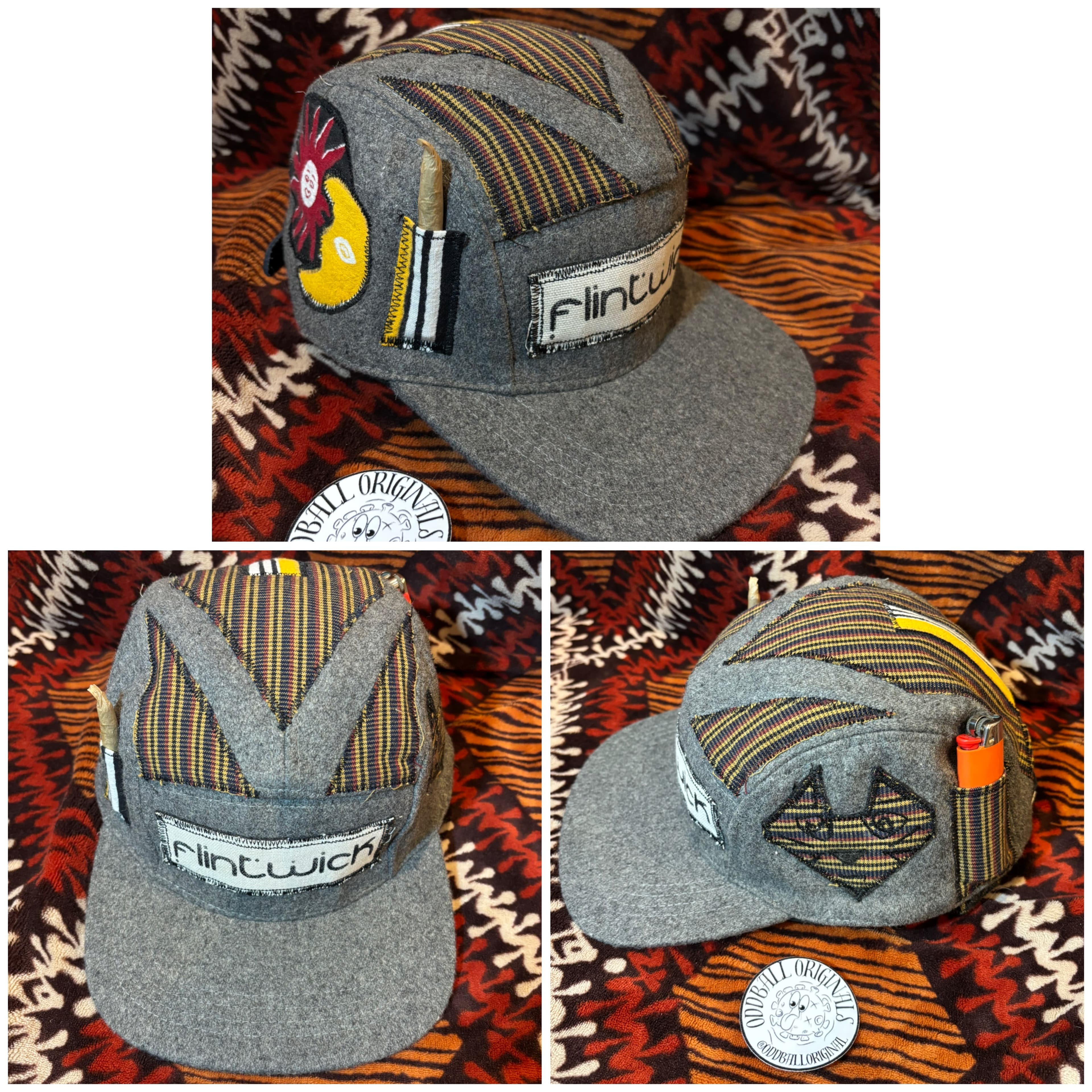 Hand-pieced patchwork cap, front view.