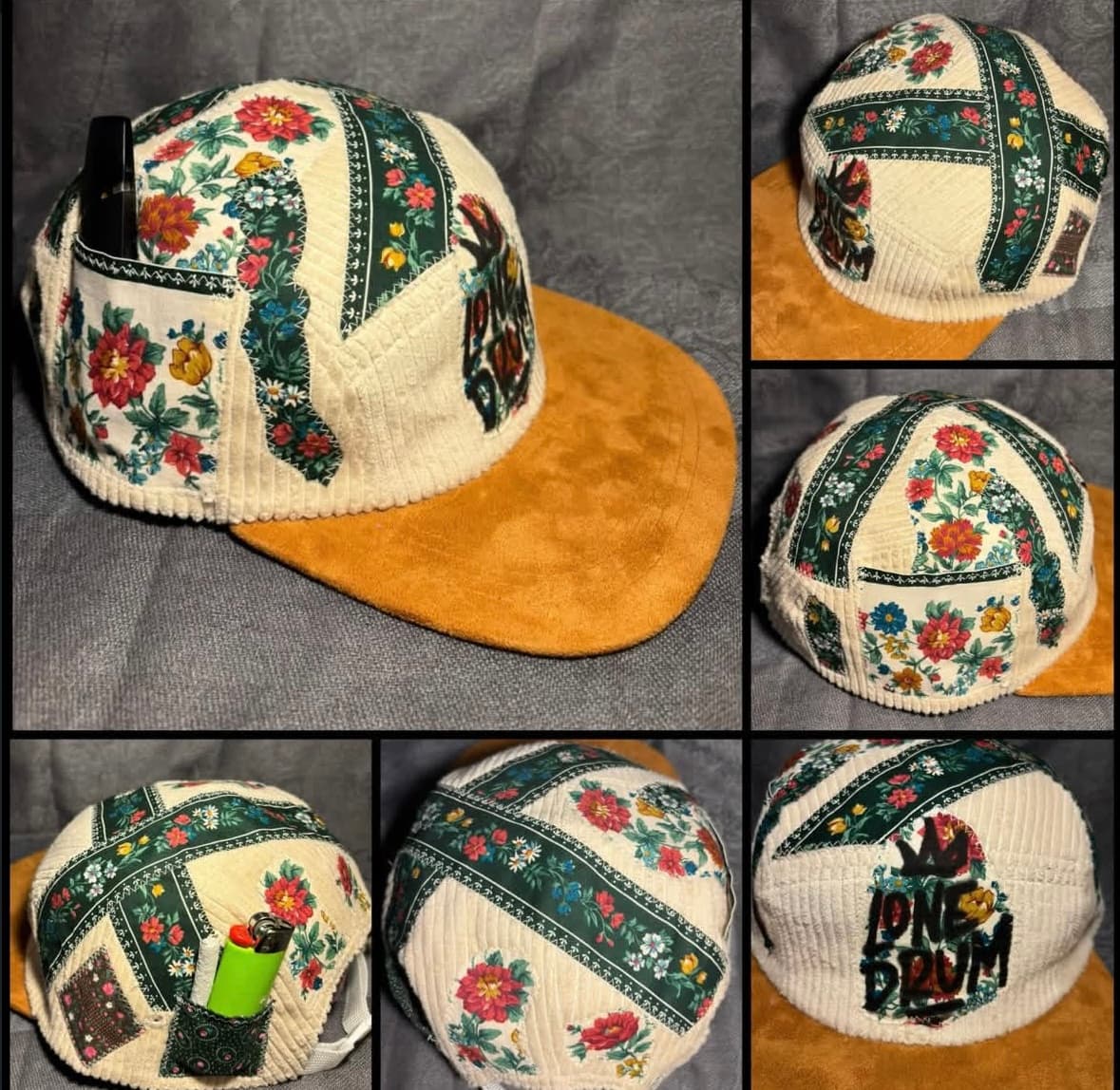 Lone Drum floral cap, six-angle composite.